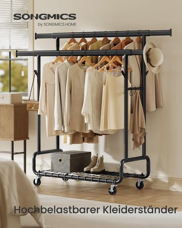 SONGMICS Стійка для одягу на коліщатках, важка, з 2 висувними штангами, регульована висота, з полицею та гачками, чорний HSR015B01