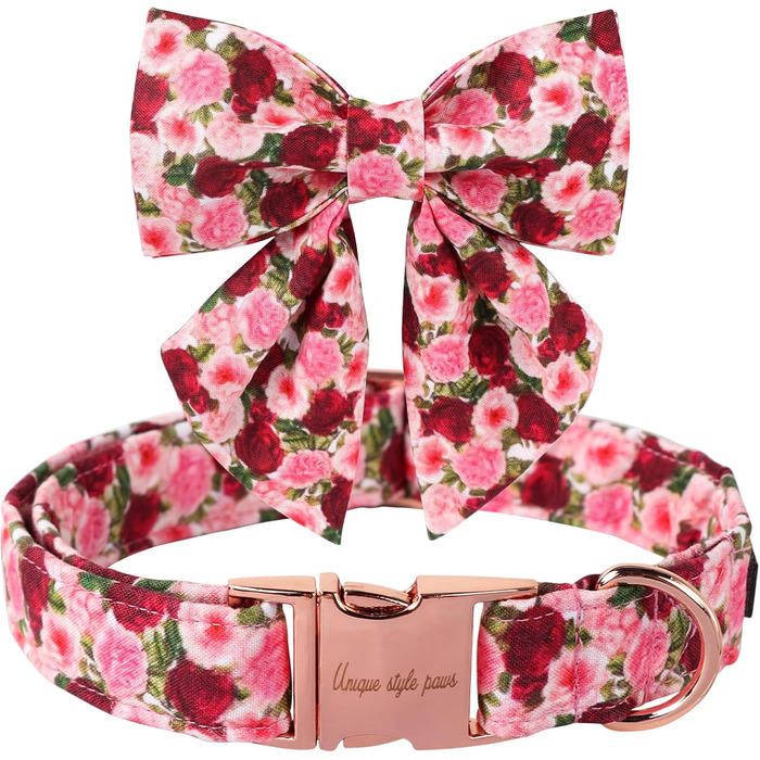 Гарний ошатний нашийник для собак Unique Style Paws, рожевий, з квітковим принтом (Pfingstrose), регульований, бавовна, для хлопчиків та дівчаток, з металевою застібкою, розмір M, обхват шиї 34-56 см