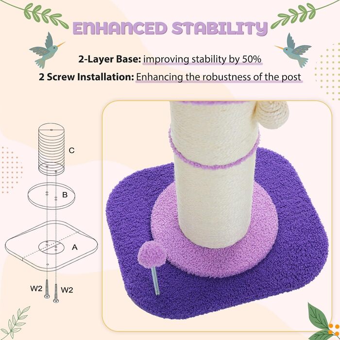 Flower Cat Tree - Small Cat Tree for Indoor Cats with Super Thick Scratching Post [Dia=14cm], Detachable Flower Cat Bed, Feather Ball - (Purple)