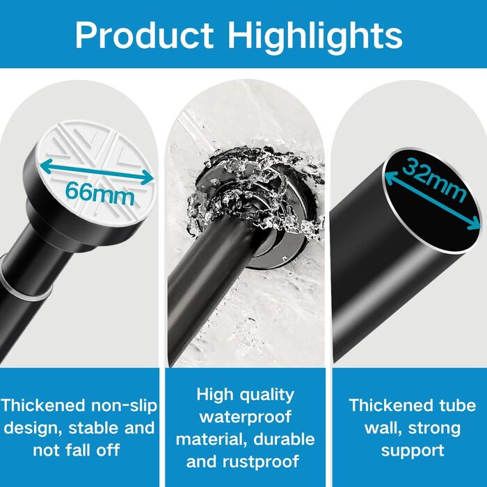 Штанга для душу з нержавіючої сталі, телескопічна, без свердління, 85-265 см, для душу та ванни, чорний колір