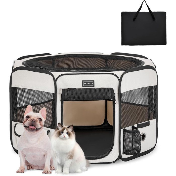 PETSFIT Розкладний вольєр для цуценят та дрібних тварин: собак, котів. Розкладний вольєр для собак з водонепроникним дном, система Pop-up, безпечний дизайн, сірий/зелений, 92 x 64 x 53 см (S, сірий)