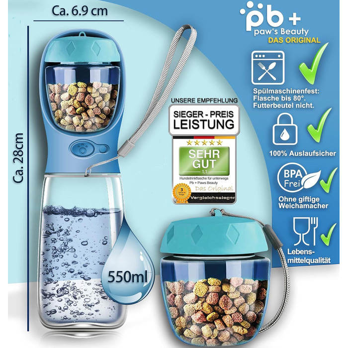 Набір для собак 2 шт: велика складана пляшка для води 550 мл + зубна щітка | Преміум якість, витік неможливий | Для подорожей