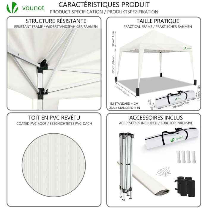 VOUNOT® Folding Gazebo 3x3m, with 4 Sandbags, Pop Up Gazebo, UV Protection 50+, (Cream White)