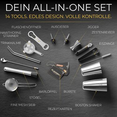Набір для коктейлів EMPATION: 8 предметів, Boston Shaker 825мл, нержавіюча сталь, для початківців та професіоналів, сріблястий, преміум подарунок