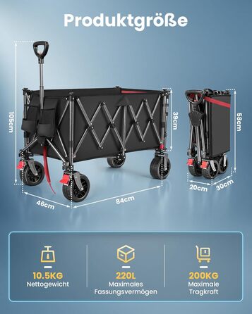 Візок-телега YEAUPE PRO складний 220л, 200кг, чорний - для фестивалів, пляжу, саду, покупок