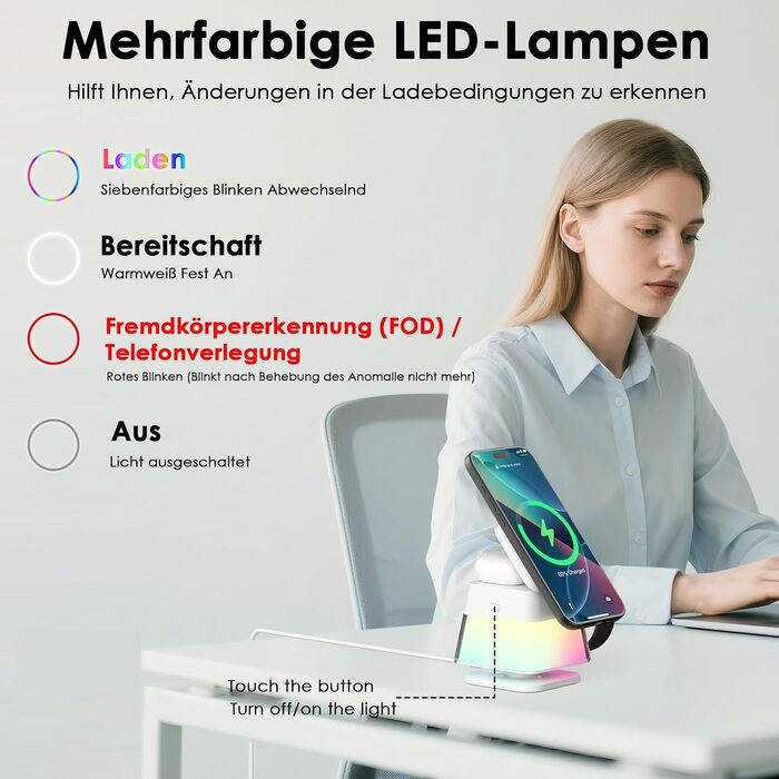 Бездротова зарядна станція 3-в-1 Minthouz Leap Cube 15, швидка зарядка 15W Qi, підставка з багатокольоровою підсвіткою для iPhone 16, 15, 14, 13