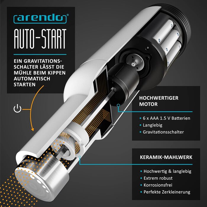 Arendo - Electric Salt and Pepper Mills - 2-Piece Set - One-Handed Operation - Grinds Automatically When Tilted - Battery Powered, Spice Grinder with Ceramic Grinder - Grind Sizes Infinitely Adjustable