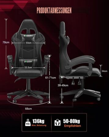 Геймерське крісло Bigzzia з RGB підсвіткою, ергономічне для ПК, з підголівником, чорне