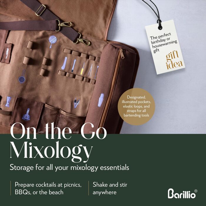 Набір бармена 17 предметів Barillio Barkeeper з сумкою з вощеного канвасу, барний інструмент для дому та професійного використання