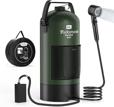 Сонячний душ Tadomoe 20L з насосом та сумкою, 2000mAh, для кемпінгу, пляжу, подорожей (зелений)