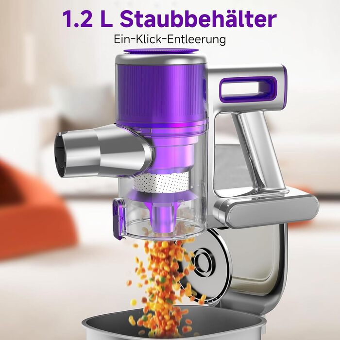 Бездротовий акумуляторний пилосос 35KPA/45Mins з LED-підсвічуванням, HEPA-фільтром та насадкою для підлоги, для тварин, килимів та твердих поверхонь, фіолетовий