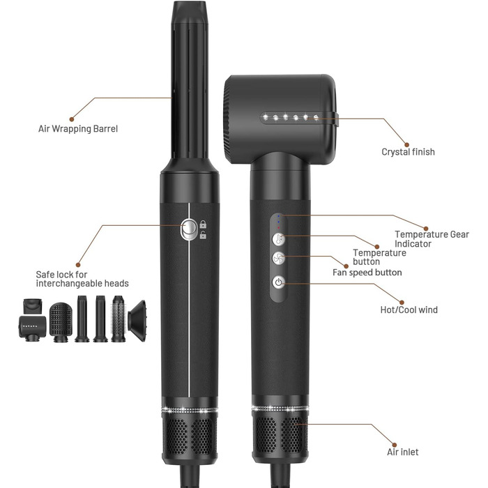 Фен-щітка UKLISS Airstyler 7-in-1 Pro: 7 функцій для створення зачісок, з насадкою-дифузором, автоматична локонова насадка, подарунковий набір для жінок (чорний)