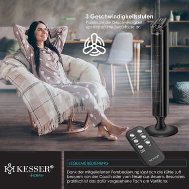 Турбо вентилятор KESSER® з пультом керування | 90° кут осциляції | 3 швидкості | 90 см | Таймер | Turbo функція | Колонний вентилятор | Чорний