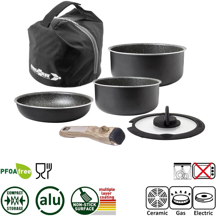 Набір посуду для кемпінгу BRUNNER з алюмінію (каструлі та сковорідки) - діаметр 20, 22, 24, 26 см, Pirate Vakublock, на 4 особи, з покриттям, легкий, високоякісний, стікений, 4+1 частина, міні діаметр 20 см