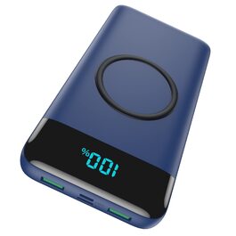 Бездротовий Power Bank 26800mAh 25W PD3.0 + QC4.0, зовнішній акумулятор з LCD-дисплеєм та швидкою зарядкою 15W, 4 USB-порти, для iPhone, Samsung, Huawei, Oppo — Синій