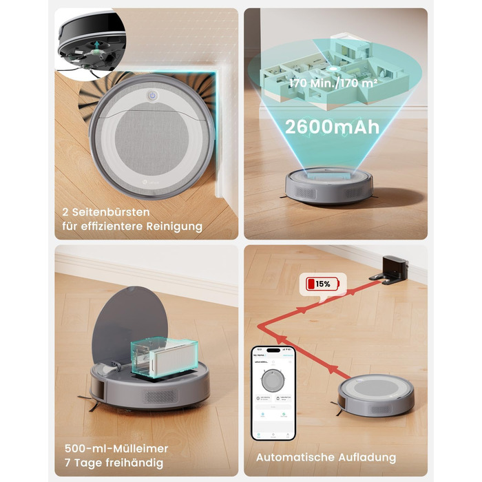 Робот-пилосос LEFANT M310 Ultra з функцією миття підлоги, сірий. Anti-Tangle, точне уникнення перешкод, керування через додаток та Alexa. Для тварин, килимів.