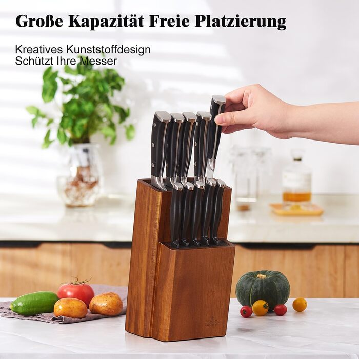 ENOKING Knife Block without Knives, Acacia Wood Knife Block, Knife Holder with Removable Plastic Bristles, Universal Wooden Knife Block for the Kitchen Counter