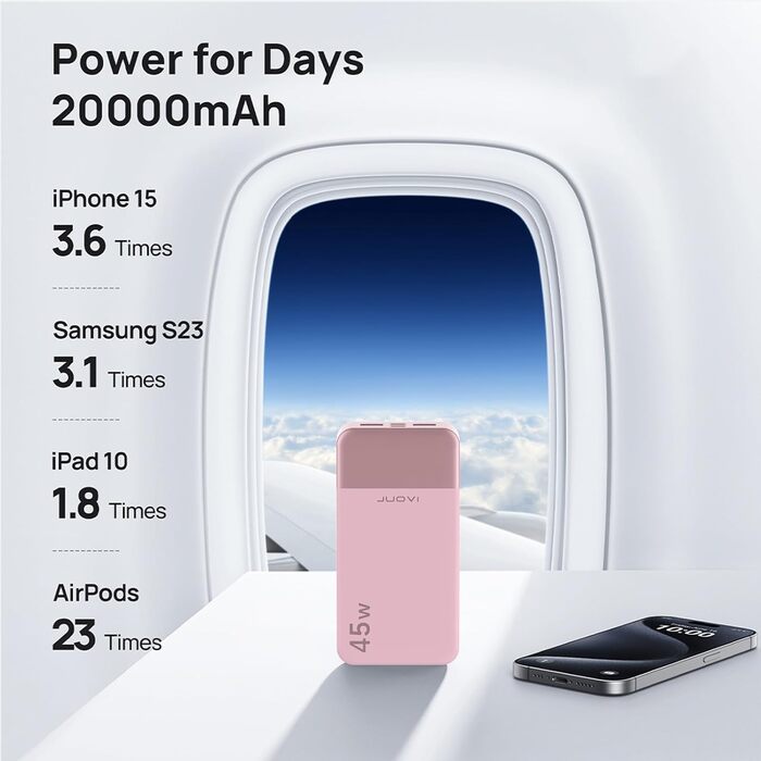 Powerbank JUOVI J2621 Рожевий, 20000mAh, 45W, для Switch, MacBook, iPhone, Samsung, Steam Deck