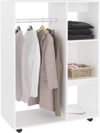 vidaXL Wardrobe with Open Shelf, 3 Side Shelves, Wheels, Coat Rack, Wardrobe, Bedroom, Cabinet, White, 80x40x110cm, Wood Composite