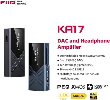 FiiO KA17 Портативний USB DAC Аудіо Hi-Fi Декодер, Dual ES9069Q PCM768 DSD512 3,5/4,4 мм Вихід для Android iOS Mac Win10 (Чорний)