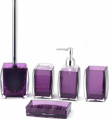Bathroom Accessories, 5-Piece Set, Resin/Acrylic, Complete Set, Lotion/Soap Dispenser, Soap Dish, Toothbrush Holder, Cup, Toilet Brush and Holder, Modern Bathroom Decor and Gift Set, (Purple)