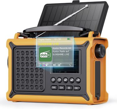 ROCAM Радіоприймач на ручку DAB+/UKW, портативне аварійне радіо з сонячною панеллю 8500 мм² та ручкою 650mA, цифрове радіо з Bluetooth, 2.4' кольоровий дисплей, 80 станцій, SOS, LED ліхтарик, USB, IPX6 для кемпінгу (Жовтий)