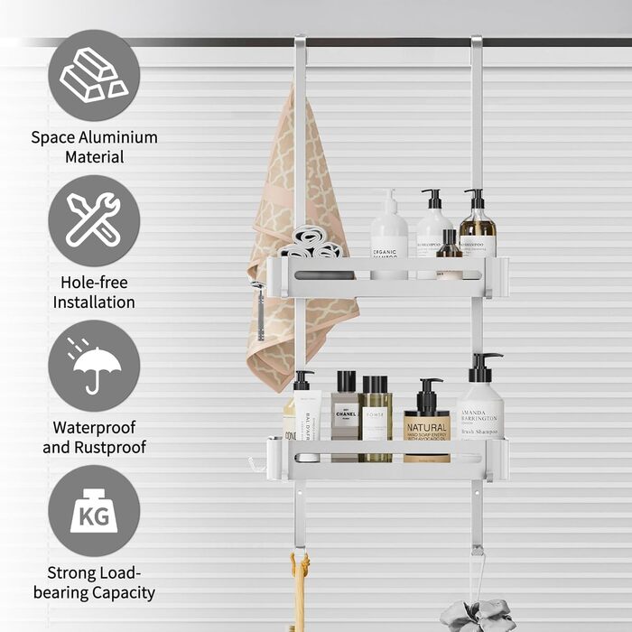 AIGOCITY Shower Shelf for Hanging Without Drilling for Glass Shower Doors, Silver, with 6 Hooks for Frameless Glass Door, Stainless Steel