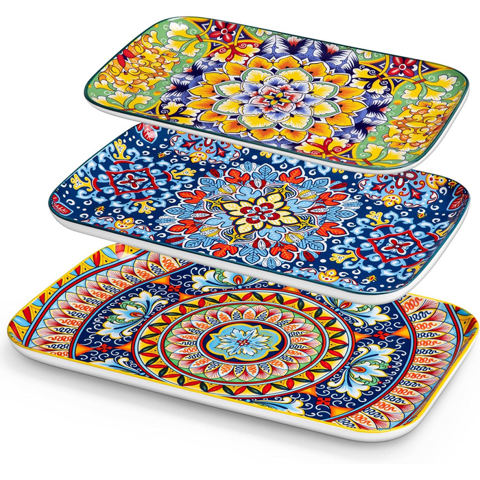 Vancasso Porcelain Serving Platter Set, SIMI Rectangular Plate Set, Bohemian Dinner Plates, Cake Plates, Dessert Plates, Breakfast Plates, 3 Sizes Serving Platters