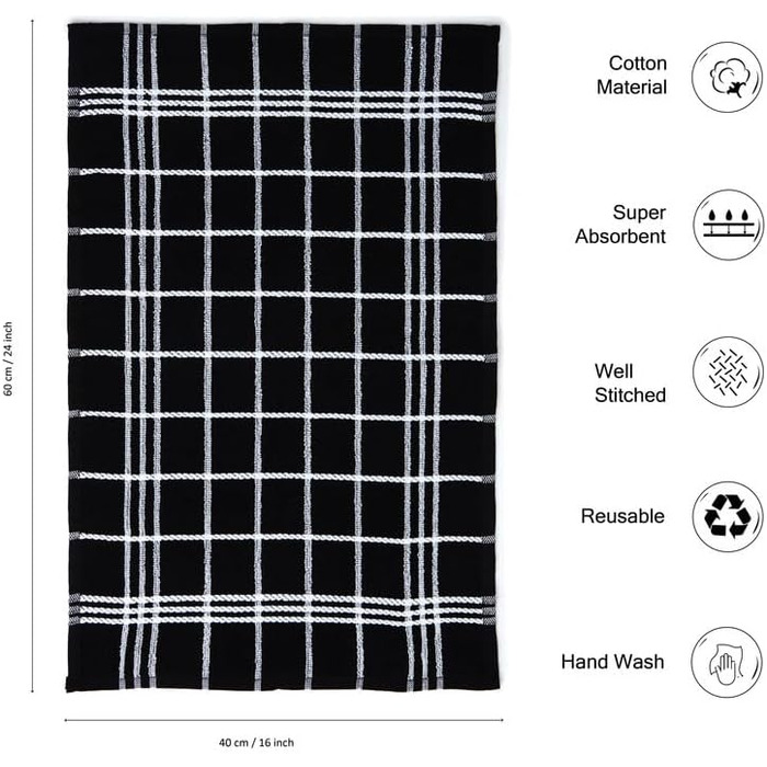 Encasa Frottee Kitchen Towel Set – 70x45 cm – absorbent multipurpose cleaning cloth, reusable towel and dishcloth (12-pack – Black Combination)