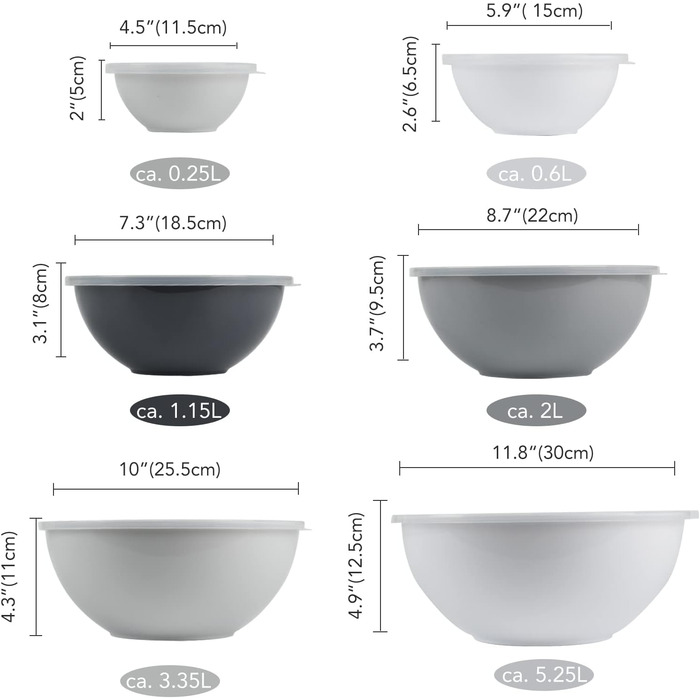 Набір мисок для перемішування BoxedHome з кришками, 12 штук. Пластикові миски для салату, неслизькі, стекові сервіровочні миски для кухні (6 мисок та 6 кришок, білий сірий)