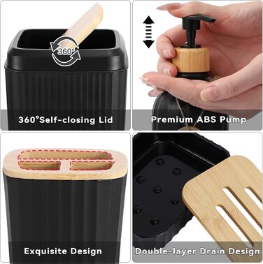 Набір аксесуарів для ванної кімнати, 17 предметів: сміттєвий бак, диспенсер для мила/лосьйону (3 шт.), тримач для зубних щіток, мильниця, попільниця, 6 дерев'яних гачків, аксесуари для ванної з підносом (Чорний, Комплект для ванної + штора + килимок + руш