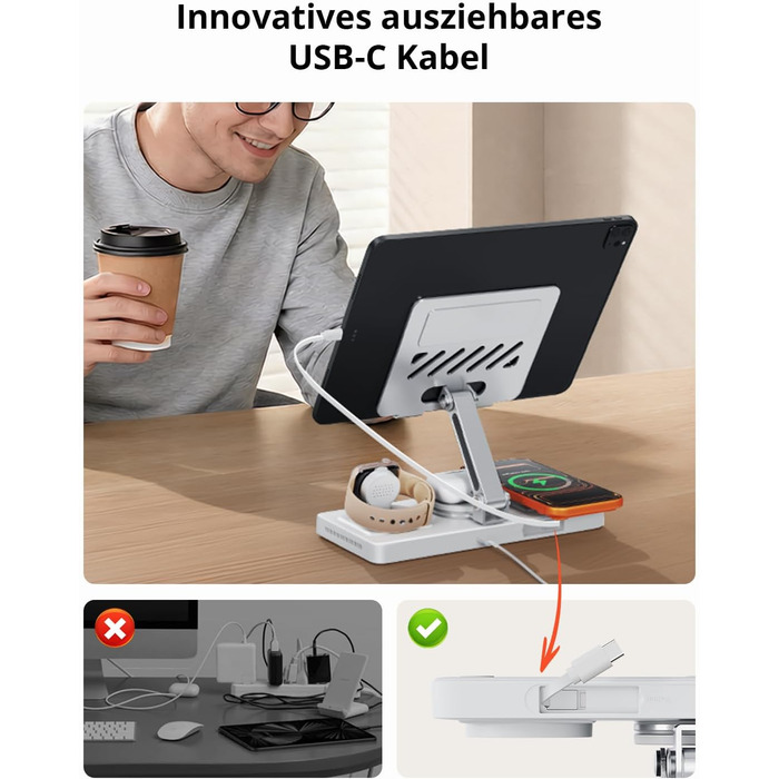 Зарядна станція Geekera 4-в-1 для Apple: кабель для iPad, магнітна бездротова зарядка iPhone Air/12-17, Apple Watch, AirPods (Металевий білий)