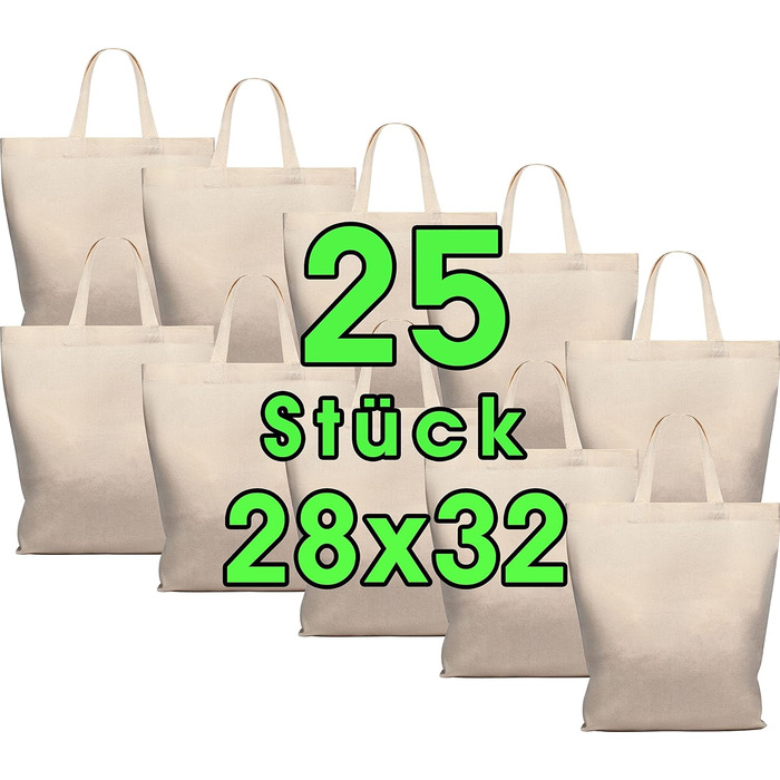 25 Cotton Bags 28 x 32 cm - Jute Bag Medium – Natural Apothecary Bag, Shopping Bag, Yarn Bag Gift Bag ÖKO-TEX® certified Fabric Bag Unprinted, short handles for painting and printing