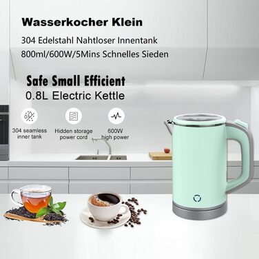 Електричний чайник MiliPow 0.8 л, 600 Вт, для подорожей, з нержавіючої сталі 304, швидкий, з автовимкненням (зелений)