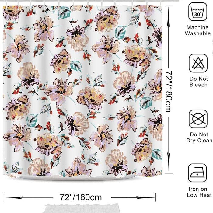 Штора для душу 180x180 см з квітами, антигрибкова, водонепроникна, поліестер, з кільцями (12 шт.)