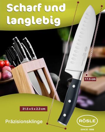 Кухонний ніж RÖSLE Santoku 17,5 см з куленшліфом, ергономічна ручка, для м'яса, риби та овочів, японська форма леза, преміум якість