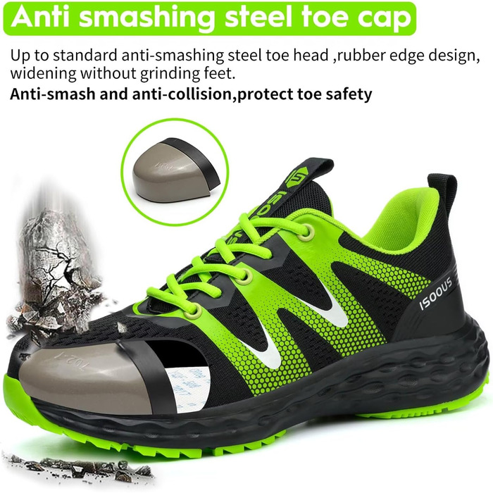 Черевики робочі ISOOUS для чоловіків та жінок. Безпекові черевики з металевим носком, неслизькі, дихаючі, спортивні (43 EU, Зелений)