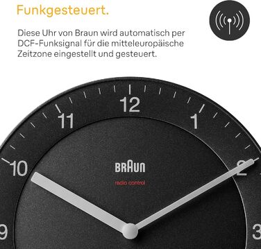 Braun Classic Radio Wall Clock, Central European Time Zone (CET/GMT+1) with a quiet movement, easily readable dial with a 20 cm diameter in black, model BC06B-DCF.