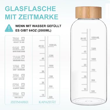 RNCKUUE 2 Liter Glass Bottle, 2l Glass Drinking Bottle, Glass Water Bottle with Strainer, Neoprene Sleeve, Bottle Brush (2000 ml, Bamboo Lid)