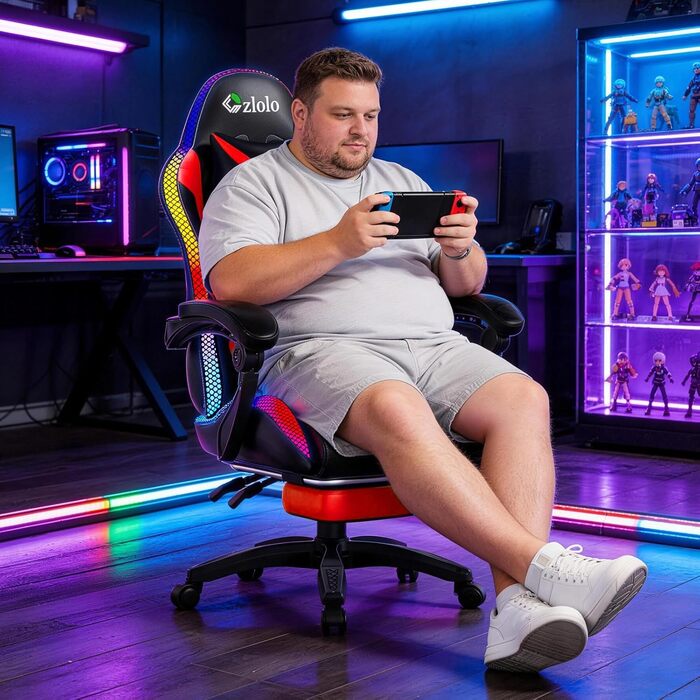 Геймерське крісло Czlolo RGB LED з підставкою для ніг, ергономічне офісне крісло для комп'ютера, блакитне (RGB-червоне)