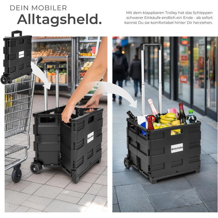 Складаний візок для покупок Tectake Shopping Trolley, сумка-шопер на колесах для продуктів та кемпінгу, чорний (45,75 л)