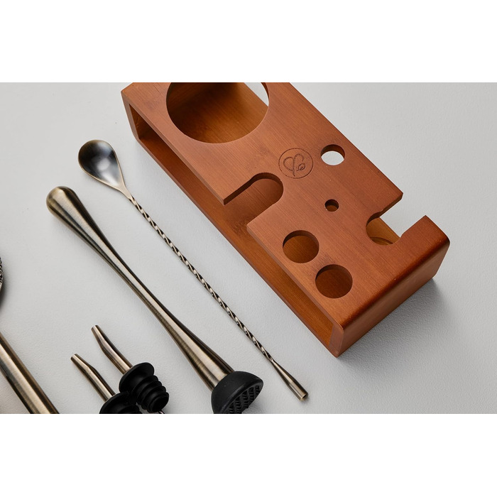 Набір для коктейлів Mint&Mortar 7 шт. з бамбуковим підставкою, з нержавіючої сталі, барменський набір з інструментами для дому та професійного використання, 680 мл, міксер (чорний) з щіткою золота