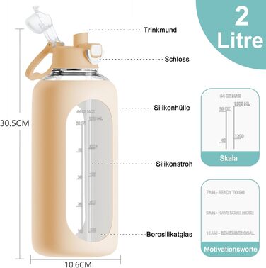 2 Liter Glass Water Bottle, 2L Glass Bottle, Glass Water Bottle with Straw, Bottle Brush (Amber)