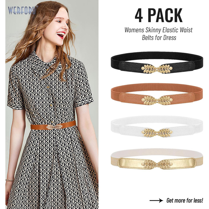 Жіночий еластичний пояс WERFORU Vintage Широкий пояс для сукні, еластичний цинч-пояс, чорний+білий+коричневий+бежевий (чорний+білий+коричневий+золотий), обхват талії 82-99 см