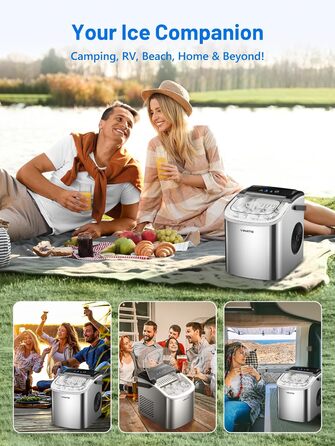 Машина для приготування льоду VINATO, компактна, 9 кубиків за 6-8 хвилин, портативна, продуктивність 12 кг/24 год, тиха робота, з лопаткою та кошиком для кухні, офісу, бару та вечірки, срібна