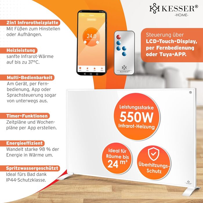 Інфрачервовий обігрівач KESSER®: енергозберігаючий, з пультом та термостатом, для дому. Білий (550W)