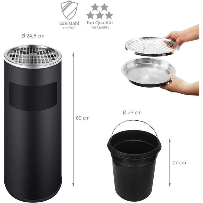 WELLGRO Standaschenbecher з нержавіючої сталі 2в1 для вулиці: попільничка та сміттєвий бак. Стійкий до погодних умов, великий попільничний бак для тераси, входу та комерційних приміщень (чорний)
