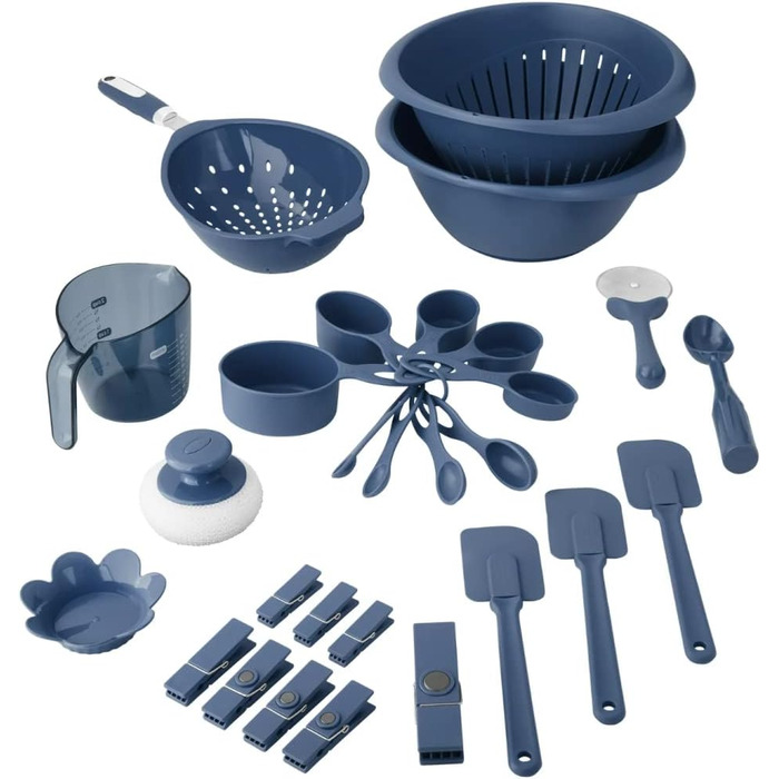 28-Piece Kitchen Utensil Set with Plastic Measuring Cup, Navy Blue