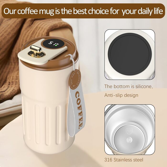 Термокружка для кави HomeAlexa з цифровим дисплеєм, 410 мл, нержавіюча сталь 316, ізольована, з кришкою, для подорожей