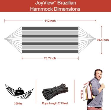 Гамак JoyView бразильський одинарний 200x100 см, сірий у смужку, з мотузками та сумкою, вантажопідйомність 136 кг для тераси та дому
